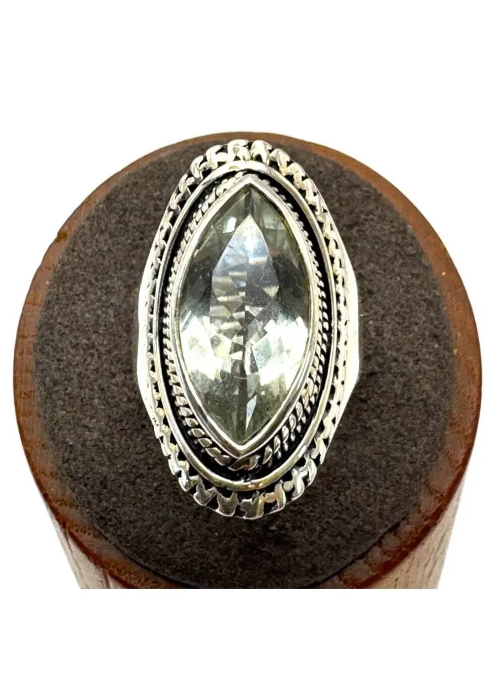Marquise Pale Green Quartz Bezel Set Sterling Silver Statement Ring Size 7.75